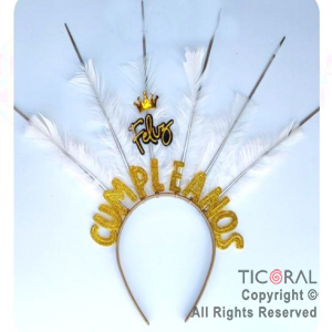 VINCHA PRECINTOS FELIZ CUMPLEA�OS CON PLUMAS BLANCO Y DORADO x 1